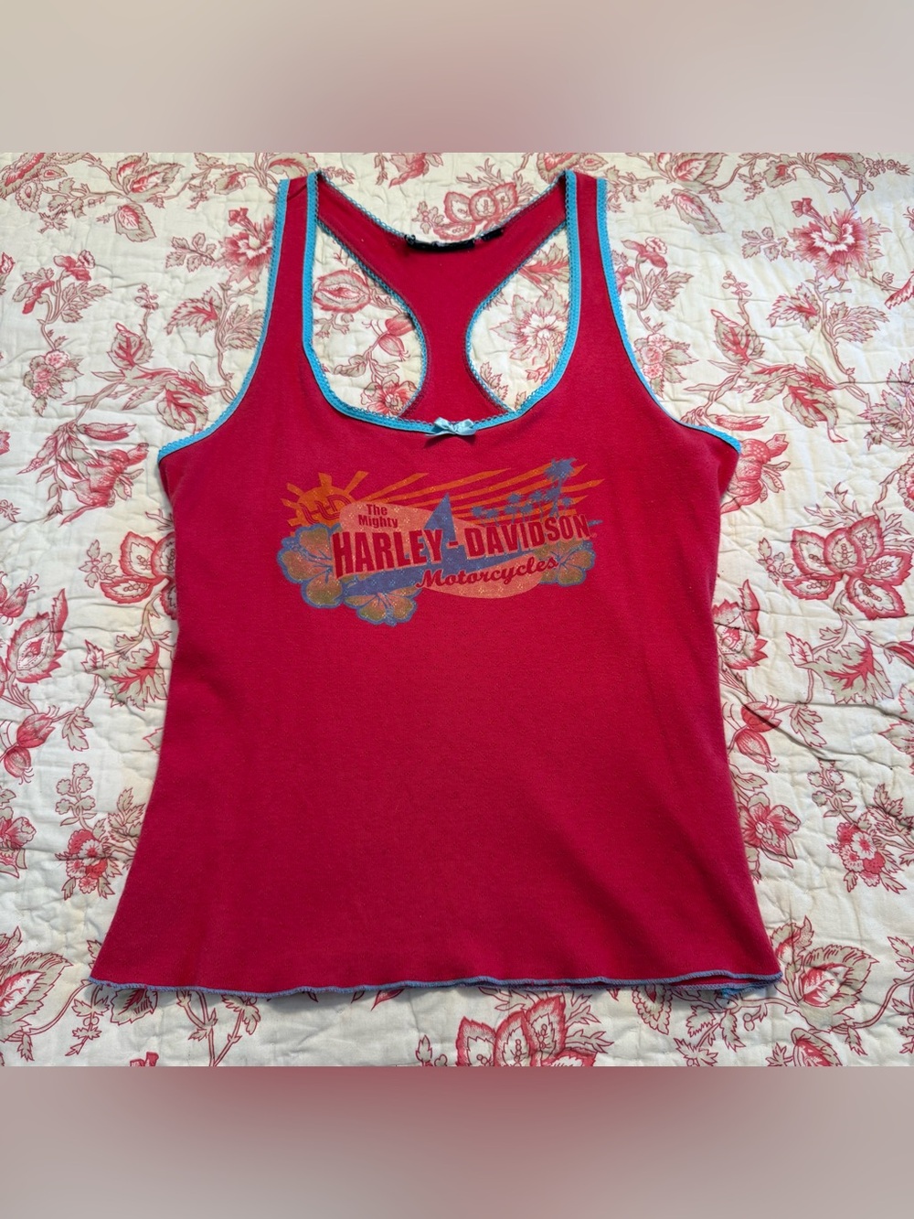 Vintage 90s Harley-Davidson Red and Baby Blue Bow Tank with Blue trim